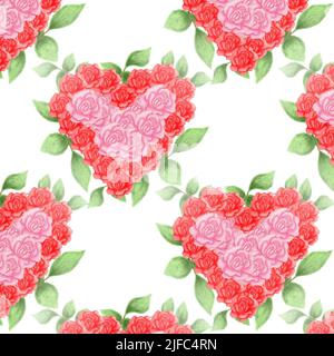Einige rote und rosa Blüten in Herzform, umgeben von Blättern auf weißem Hintergrund - Konzept der Liebe Stockfoto