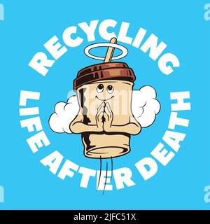 Einweg-Papier Kaffeetasse Recycling-Konzept. Ökologieposter für Abfallrecycling. Vektorgrafik im Comic-Stil. Stock Vektor