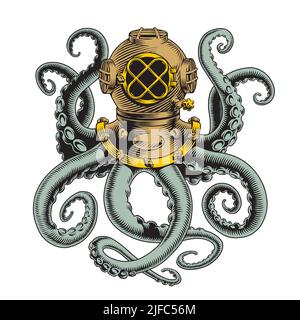 Octopus und Vintage Tauchhelm. Kraken-Tentakeln. T-Shirt-Design, Tattoo oder Label. Vektorgrafik im Comic-Stil Stock Vektor