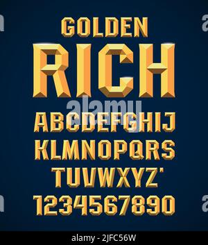 Dekorative Goldschrift, goldene Balken Metallic abgeschrägte Schrift Alphabet und Zahlen. Großbuchstaben. Vektorgrafik. Stock Vektor