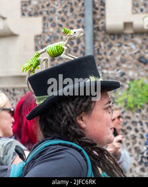 Winchester hat Fair, 1.. Juli 2022. Die jährliche Hutmesse begann heute mit lokalen Schulen, die an der Karnevalsprozession durch das Stadtzentrum mit den Kindern in bunten Kostümen teilnehmen. Die Winchester hat Fair ist ein 3-tägiges Outdoor Arts Festival mit Straßenunterhaltern und Aufführungen an verschiedenen Orten in der Stadt. Stockfoto