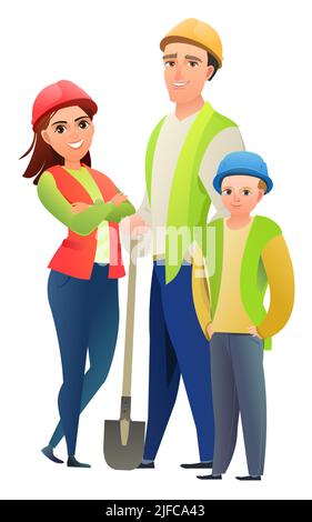 Mann und Frau und Kind Sohn Baumeister in Weste und Schutzhelm. Fröhliche Person. Stehende Pose. Flaches Design im Comic-Stil. Einzelzeichen i Stock Vektor