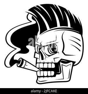 Totenkopf mit Zigarre raucht. Skelettkopf. Skizze Tinte handgezeichnete Stock Vektor Illustration Aufkleber Set Design. Stock Vektor