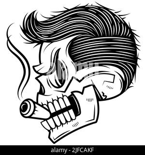 Totenkopf mit Zigarre raucht. Skelettkopf. Skizze Tinte handgezeichnete Stock Vektor Illustration Aufkleber Set Design. Stock Vektor
