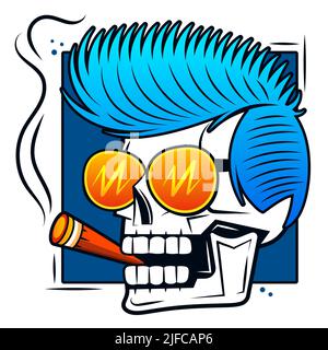 Totenkopf mit Zigarre raucht. Skelettkopf. Skizze Tinte handgezeichnete Stock Vektor Illustration Aufkleber Set Design. Stock Vektor