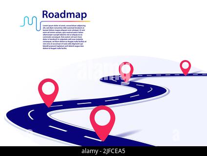 Infografik zur Roadmap mit Meilensteinen. Geschäftskonzept für Projektmanagement oder Business Journey. Vektordarstellung einer blauen, kurvenreichen Straße auf Weiß Stock Vektor