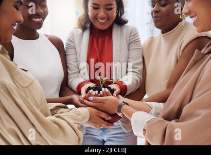 Eine vielfältige Gruppe lächelnder Geschäftsfrauen, die den Sämling in der Erde in den Händen halten. Ethnisches Team von Fachleuten, die zusammen stehen und sich umweltfreundlich entwickeln Stockfoto