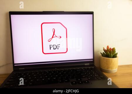 KONSKIE, POLEN - 30. Juni 2022: PDF-Datei-Logo auf dem Laptop-Bildschirm angezeigt Stockfoto