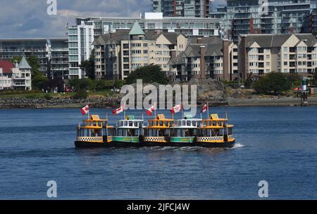 Victoria, British Columbia, Kanada, 1. Juli 2022 - im Inner Harbour in Victoria, British Columbia, Kanada, auf Vancouver Island wird am Freitagmorgen mit dem Wasserballett der Harbour Ferry gefeiert. Don Denton/Alamy Live News Stockfoto