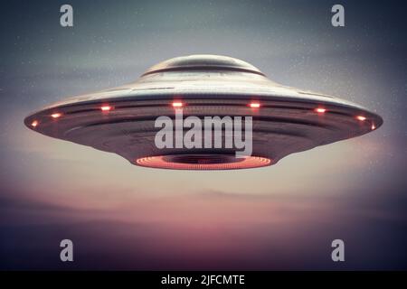 Nicht identifiziertes fliegendes Objekt - UFO. Science Fiction, 3D Illustration Konzept der Ufologie. Stockfoto