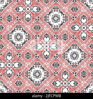 Rot-schwarzes, nahtlos Arabeske Mosaik-Bandana-Muster. Moderner maskuliner Halstuch mit geometrischem Schals-Druck, abstrakter Grafikmode und Tapetenkunst Stockfoto