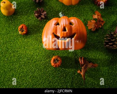 Ein großer oranger Halloween Kürbis mit einem geschnitzten Gesicht und einem Lächeln und einem runden Tanz aus kleinen Kürbissen und Zapfen auf einem grünen Rasen. Halloween-Komposition. Stockfoto