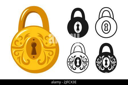 Schloss runden goldenen vintage Symbol-Set. Altes Vorhängeschloss für Sicherheits- und Sicherheitssymbolschutz-Designelement. Metall Cartoon glänzende Schlösser Zeichen für Logo, Spiel, Web oder App ui Sperren Privatsphäre oder Verschlüsselung Stock Vektor