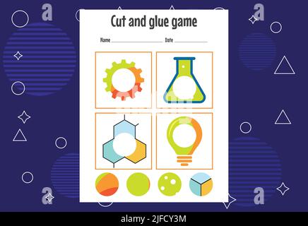 Schneiden und kleben Spiel für Kinder. Schneidpraxis für Vorschulkinder. Bildung Papier Spiel für Kinder Stock Vektor