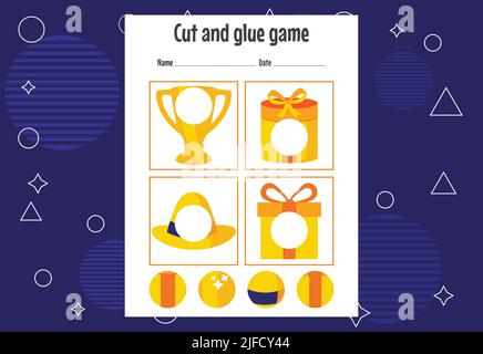 Schneiden und kleben Spiel für Kinder. Schneidpraxis für Vorschulkinder. Bildung Papier Spiel für Kinder Stock Vektor