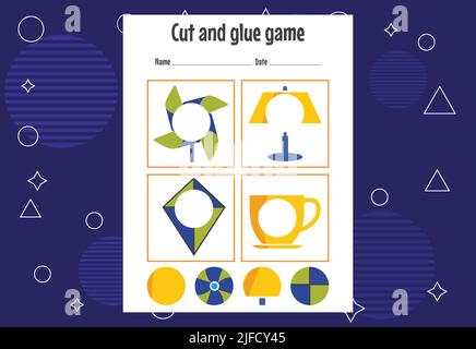 Schneiden und kleben Spiel für Kinder. Schneidpraxis für Vorschulkinder. Bildung Papier Spiel für Kinder Stock Vektor