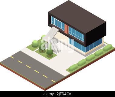 Isometrisches modernes Vorstadthaus mit zwei Etagen und großen Fenstern 3D Vektorgrafik Stock Vektor