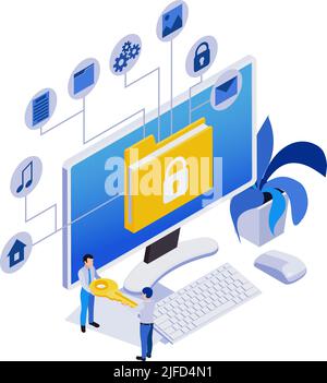 Remote-Management Fernarbeit isometrische Symbole Zusammensetzung mit Arbeitsplatz-Computer und Flussdiagramm der Dienste Vektordarstellung Stock Vektor