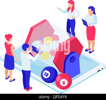 Isometrische Online-Lotterie-Symbol mit Menschen spielen Bingo 3D Vektor-Illustration Stock Vektor