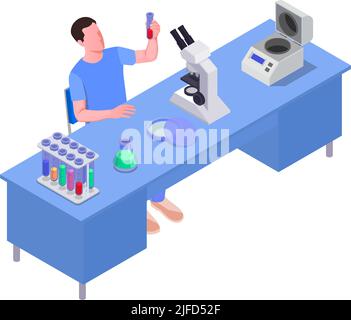 Isometrisches Symbol mit Vektorgrafik für den wissenschaftlichen Laborarbeiter am Schreibtisch 3D Stock Vektor