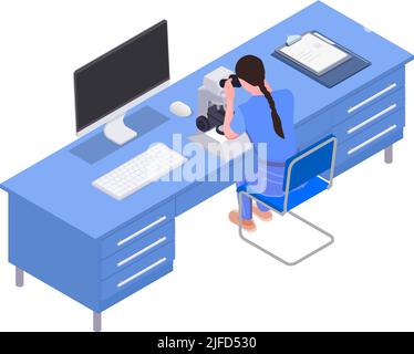 Frau arbeitet mit Mikroskop in Wissenschaft Labor isometrischen Vektor Illustration Stock Vektor