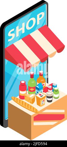 Online-Shopping isometrisches Symbol mit Smartphone Lebensmittel und Getränke 3D Vektor-Illustration Stock Vektor