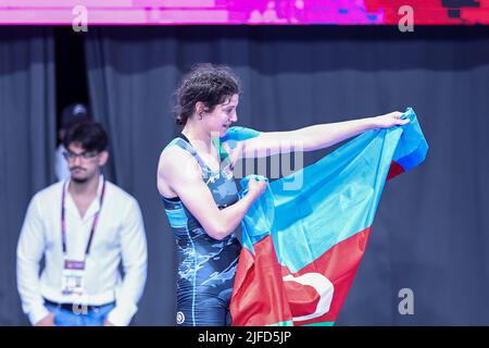 PalaPellicone, Rom, Italien, 01. Juli 2022, Birgul Soltanova (AZE) Jubel WW 62kg während der Europameisterschaft 2022 U20 - Wrestling Stockfoto