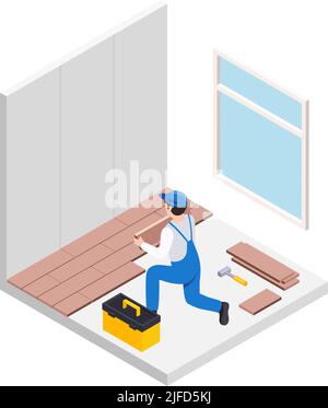 Renovierung Reparatur arbeitet isometrische Zusammensetzung mit männlichen Charakter von Handwerker tun Bodenflieren Vektor-Illustration Stock Vektor