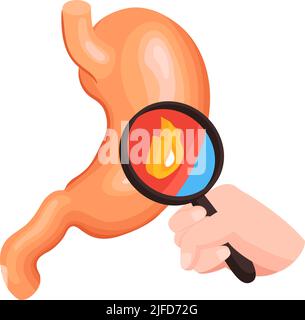 Isometrische gastroenterologische Zusammensetzung mit menschlicher Hand hält Glas und Magen mit Feuer Zeichen Vektor-Illustration Stock Vektor