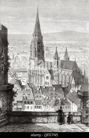 Blick auf die Stadt und den Freiburger Dom, Schwarzwald, Bundesland Baden-Württemberg, Deutschland. Europa. Ausflug in den Schwarzwald von Alfred Michiels 1867 ab Le Tour du Monde 1867 Stockfoto