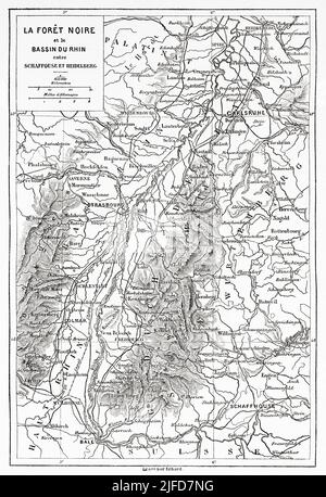 Alte Karte. Der Schwarzwald und das Rheinbecken in Schaffhausen und Heidelberg, Schwarzwald, Bundesland Baden-Württemberg, Deutschland. Europa. Ausflug in den Schwarzwald von Alfred Michiels 1867 ab Le Tour du Monde 1867 Stockfoto