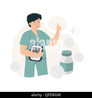 Ein Arzt gibt vor dem Hintergrund einer Abstraktion den Patienten verschriebene Pillen Stock Vektor