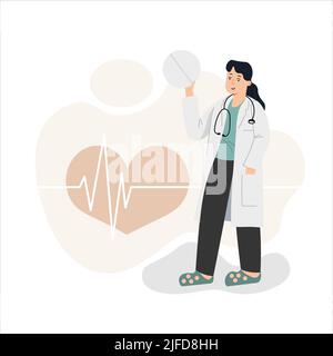 Medizin der Kardiologe steht und im Hintergrund des Herzens mit einem Puls Stock Vektor