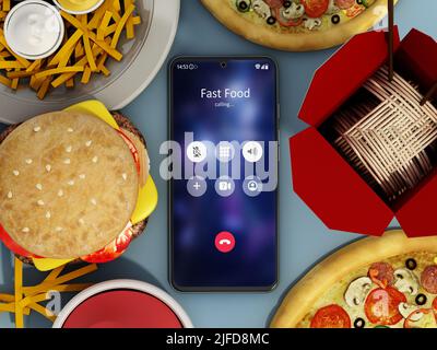 Fast Food und Smartphone mit Fast Food-Anruffildschirm. 3D Abbildung. Stockfoto