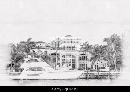 Luxus Waterfront Mansion in Fort Lauderdale, Florida, handgezeichnete Bleistiftzkizze Stockfoto