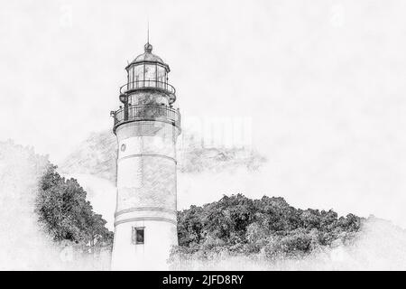 Key West Lighthouse, Florida USA, handgezeichnete Bleistiftskizze Stockfoto