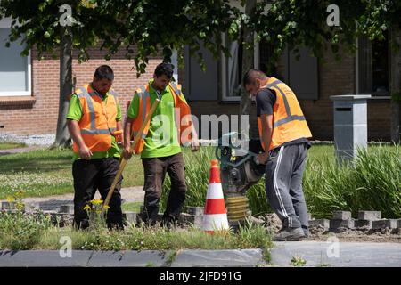 Mitarbeiter des niederländischen Telefonunternehmens KPN arbeiten mit einem tragbaren Schwingungsstamper, um nach dem Verlegen von Kabeln den Sand abzuschleifen. Straßenarbeiten Stockfoto