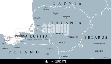 Litauen und Königsberg, graue politische Landkarte. Die Republik Litauen, das europäische und baltische Land und die russische Exklave im Gebiet von Königsberg. Stockfoto