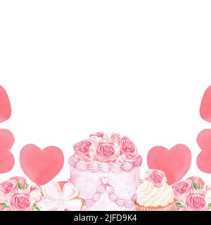 Banner von Süßigkeiten mit Rosen und Herzen.Kuchen und Cupcake.Platz für die Inschrift. Aquarell-Illustration.isoliert auf weißem Hintergrund. Stockfoto