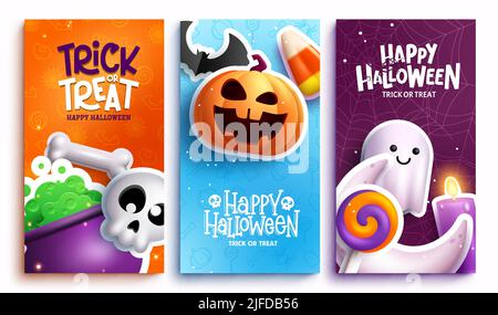 Halloween Vektor Poster Set Design. Happy halloween Text mit Figuren aus Kürbissen, Totenkopf und Geist für gruselige Trick or Treat Sammlung. Stock Vektor