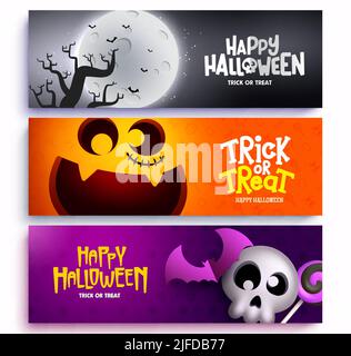 Halloween Vektor Hintergrund Set Design. Happy halloween Trick or Treat Text mit Kürbis, Totenkopf und Nachthof Horror Sammlung für Trick or Treat. Stock Vektor