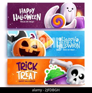 Halloween Gruß Vektor Hintergrund gesetzt. Fröhlicher halloween Text mit Horrorcharakter und Elementen aus Kürbis, Geist und Totenkopf zum Trick or Treat. Stock Vektor