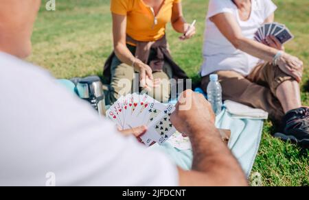 Nicht erkennbare Erwachsene Familie spielt während eines Ausflugs Karten Stockfoto