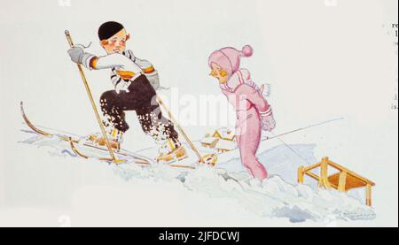 eng translation : Skifahren, Illustration von René Vincent: Die Freude der Kleinkinder.… - Original in französisch : Le Ski, Illustration de René Vincent : La Joie des tout-Pelits.… - Auszug aus 'L'Illustration Journal Universel' - Französische Illustrierte - 1931 Stockfoto