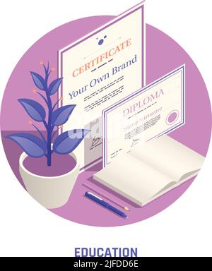 Selbstförderung persönliche Branding Strategien Bildung kreisförmige isometrische Zusammensetzung mit Marketing-Abschluss offizielle Zertifikat Diplom-Vektor illustrr Stock Vektor