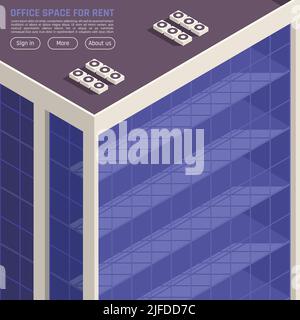 Gewerbliche Immobilien Büro Raum für Miete Landing Page Design mit außen Glaswand Hintergrund isometrische Vektor-Illustration Stock Vektor