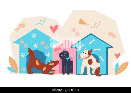 Tierheim Banner oder Poster Vorlage mit Hunden und Katzen. Haustiere Adoption und Geldspenden für Tierheim, flache Vektor-Illustration isoliert Stock Vektor