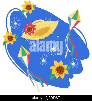 Brasilianische Festa Junina Festival Logo und Urlaub Emblem flache Vektor-Illustration isoliert auf weißem Hintergrund. Stock Vektor