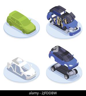 Auto-Designer Beruf isometrische Produktion Set mit Modellierung Symbole isoliert Vektor-Illustration Stock Vektor