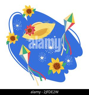 Brasilianische Festa Junina Festival Logo und Urlaub Emblem flache Vektor-Illustration isoliert auf weißem Hintergrund. Stock Vektor
